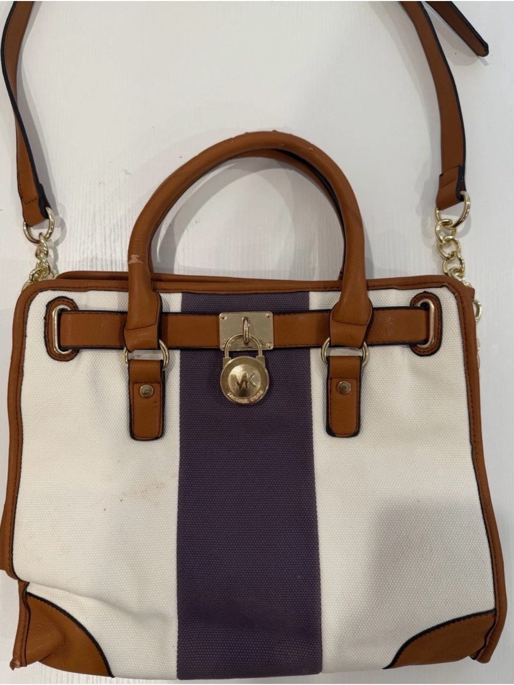Michael Kors White Canvas Satchel with Brown Leather Trim and Purple Stripe